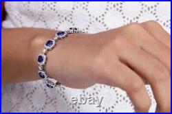 12.00Ct Cushion Lab Created Blue Sapphire Tennis Bracelet 14K White Gold Finish