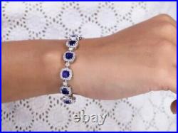 12.00Ct Cushion Lab Created Blue Sapphire Tennis Bracelet 14K White Gold Plated