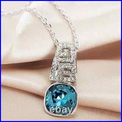 14K White Gold 2CtLab Created London Blue Topaz Cushion Cut Pattern Teal Pendent
