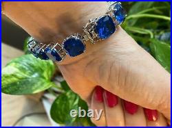 15Ct Cushion Cut Simulated Blue Sapphire Bracelet Bold 925 Silver Gold Plated
