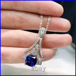 2.60Ct Cushion Cut Simulated Blue Sapphire Pendant 14K White Gold Plated Silver