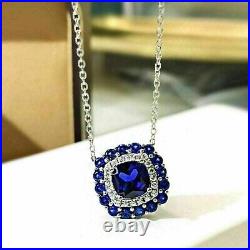 3Ct Cushion Cut Simulated Sapphire Halo Pendant 14k White Gold Plated Silver
