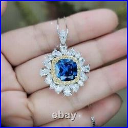 3Ct Cushion Cut Simulated Sapphire Women's Pendant 14K White Gold Plated Silver