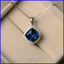 3Ct Cushion Lab-Created Sapphire Women Pendant Free Chain 14K White Gold Plated