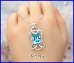 3.0Ct Cushion Cut Simulated Blue Topaz Pendant 14K White Gold Plated Silver 18'