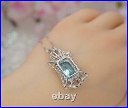 3.0Ct Cushion Cut Simulated Blue Topaz Pendant 14K White Gold Plated Silver 18'