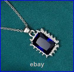 4.00Ct Cushion Cut Created Blue Sapphire & Diamond Pendant 14K White Gold Plated