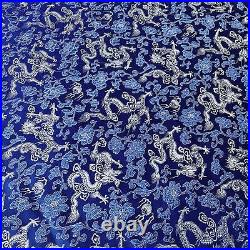 Bc102Fabric/Cushion Cover/Runner Silver Dragon Blue Faux Silk Kimono Brocade