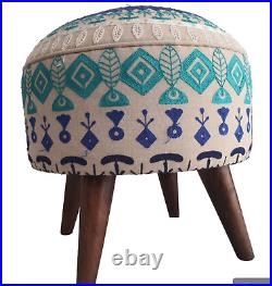 Embroidered Wooden Footstool Round pouf stool Bedroom ottoman Makeup stool 18x18