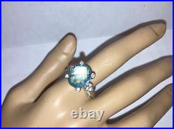 Judith Ripka Sterling Silver Large Blue Topaz Cushion Ring Size 9 CZ With Box