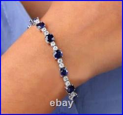Solid 14k White Gold Cushion Cut Natural Blue Sapphire Women's Tennis Bracelet